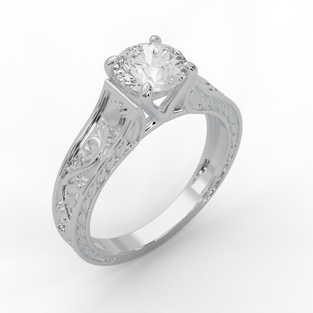 Vintage Floral Engraved Round Cut Diamond Engagement Ring