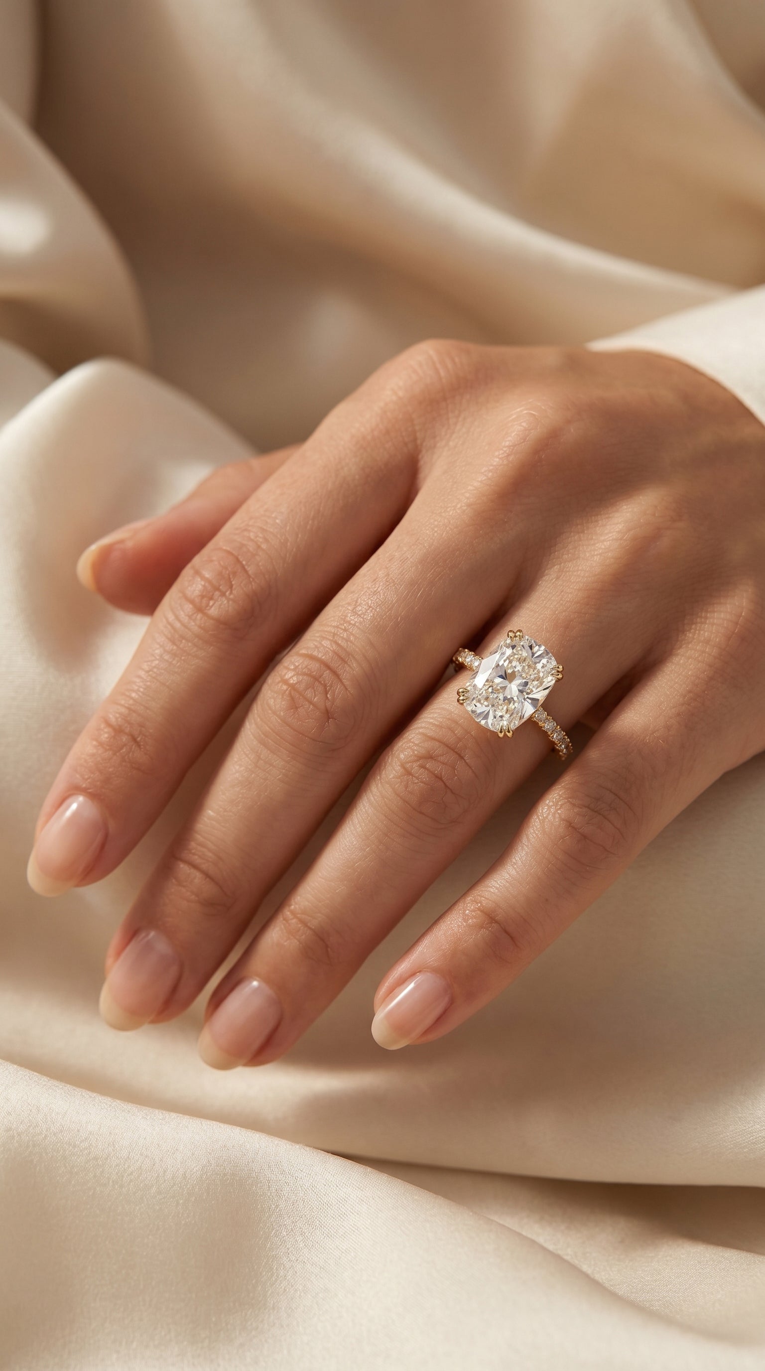 Cushion Cut Diamond  Pave Side Stone Engagement  Ring