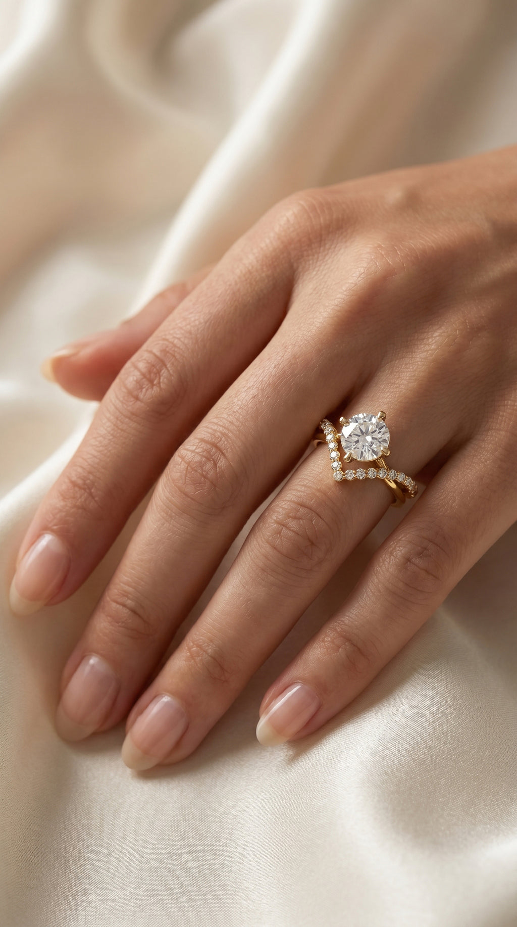 Round Cut Diamond Split Shank Chevron Pave Side Stone Engagement Ring