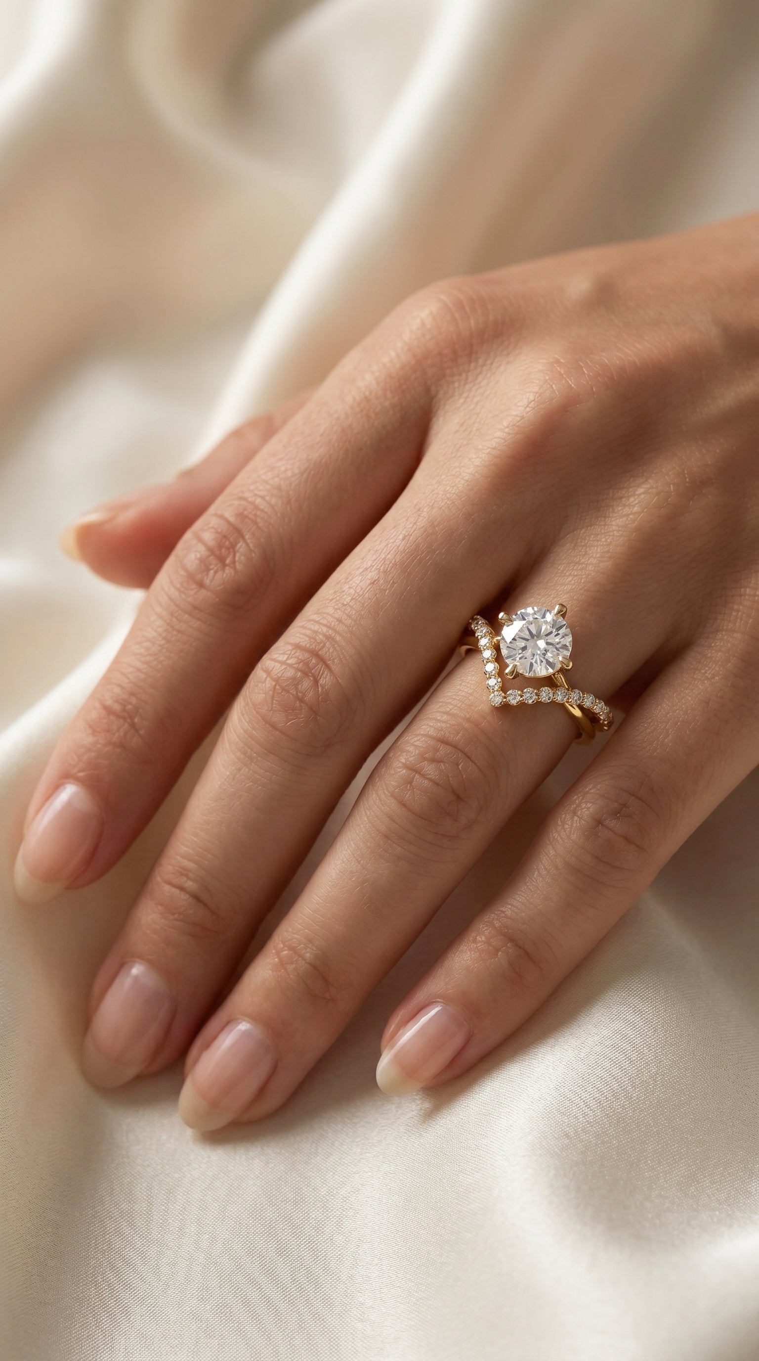 Round Cut Diamond Split Shank Chevron Pave Side Stone Engagement Ring
