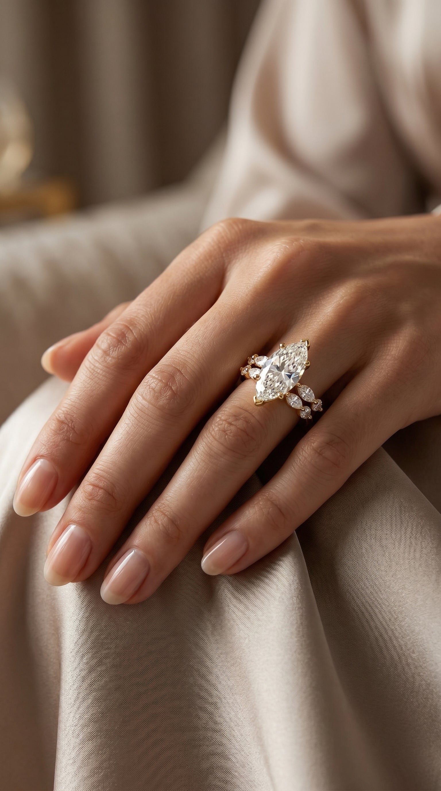 Marquise Diamond Bridal Set Statement Side Stone Engagement Ring