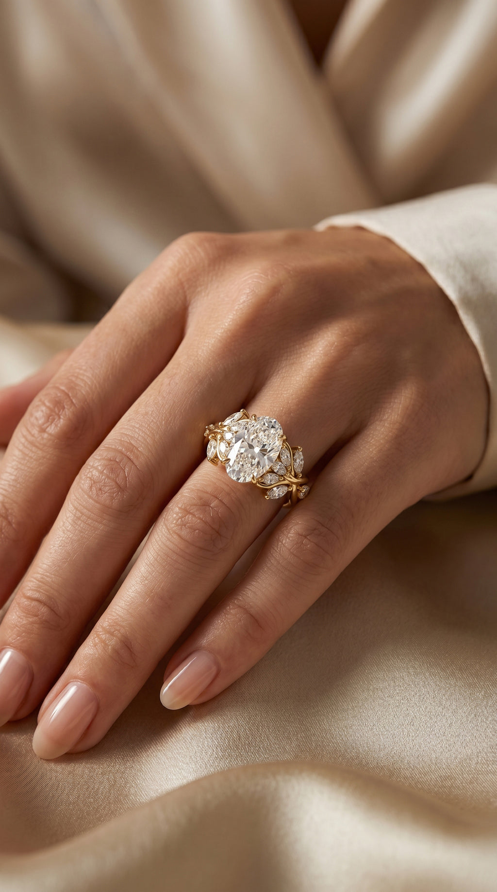 Oval Diamond Engagement Ring Nature Inspired Marquise Leaf Side Stone Ring