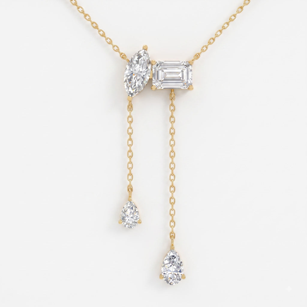 Marquise & Emerald Diamond Asymmetric Lariat Pendant Necklace