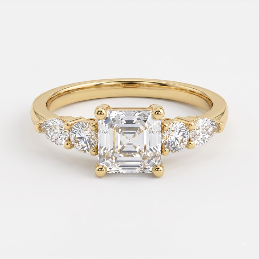 Modern Luxury Aurelia Asscher Five-Stone Diamond Side Stone Ring