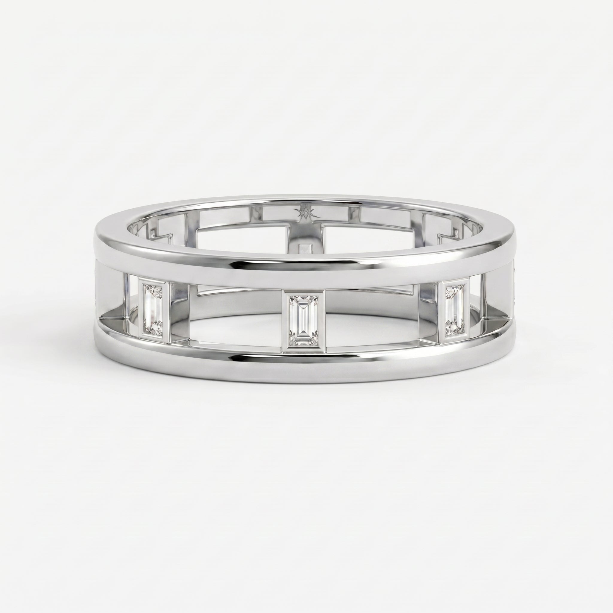 Close-up of Baguette diamond setting with polished metal detailing and fine jewelry craftsmanship