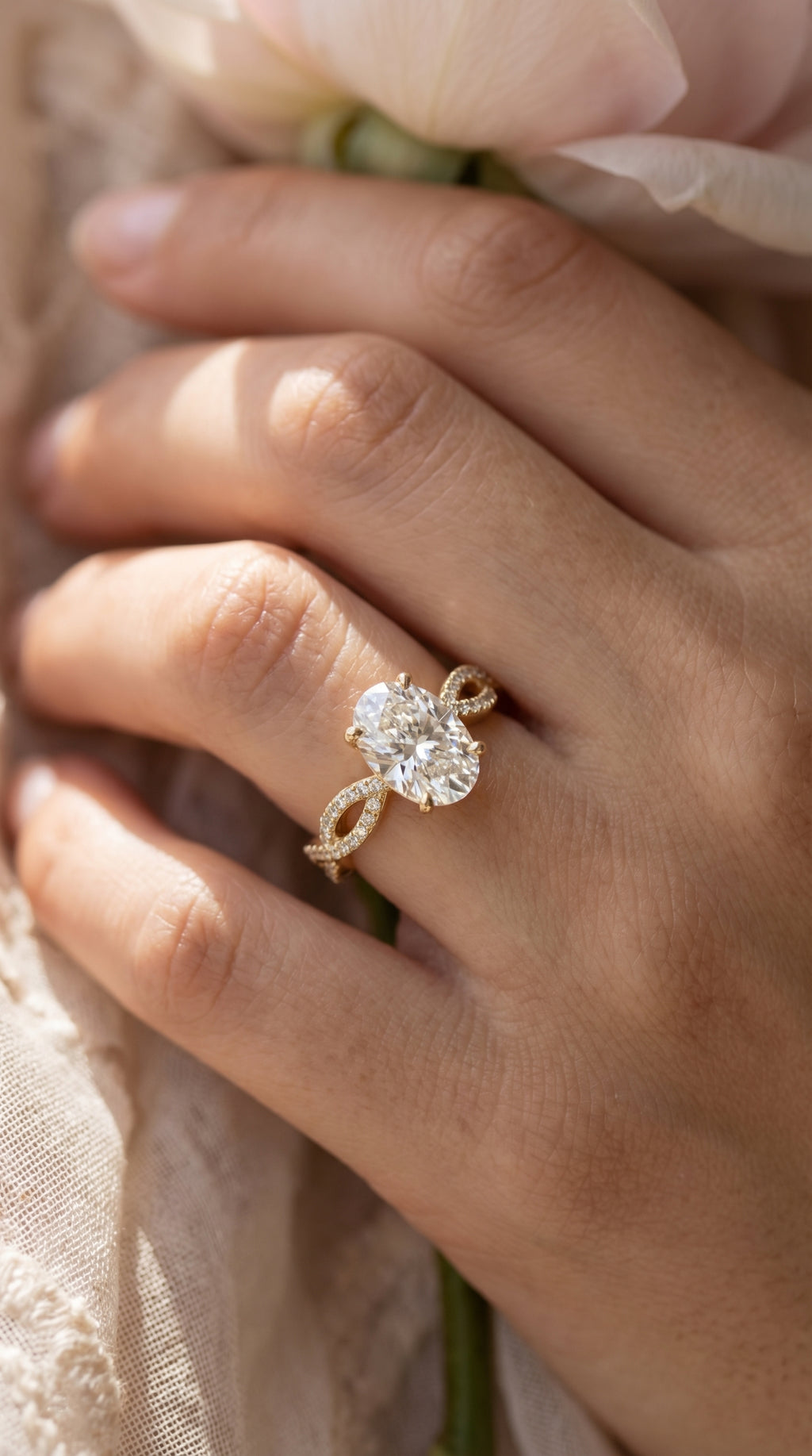 Elegant Oval Cut Diamond with Twisted Pave Engagement Ring