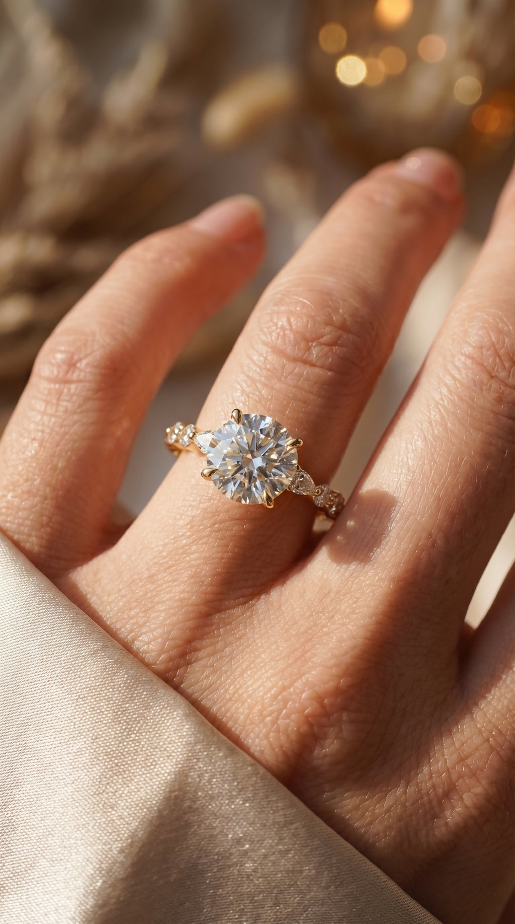 Elegant Round Prong Set Diamond Ring with Marquise Accents Side Stone Engagement Ring