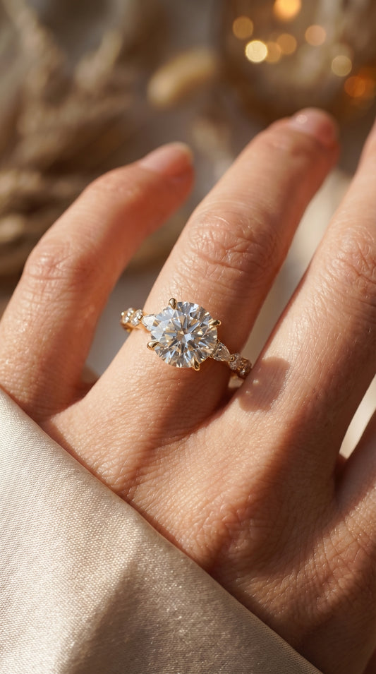 Elegant Round Prong Set Diamond Ring with Marquise Accents Side Stone Engagement Ring