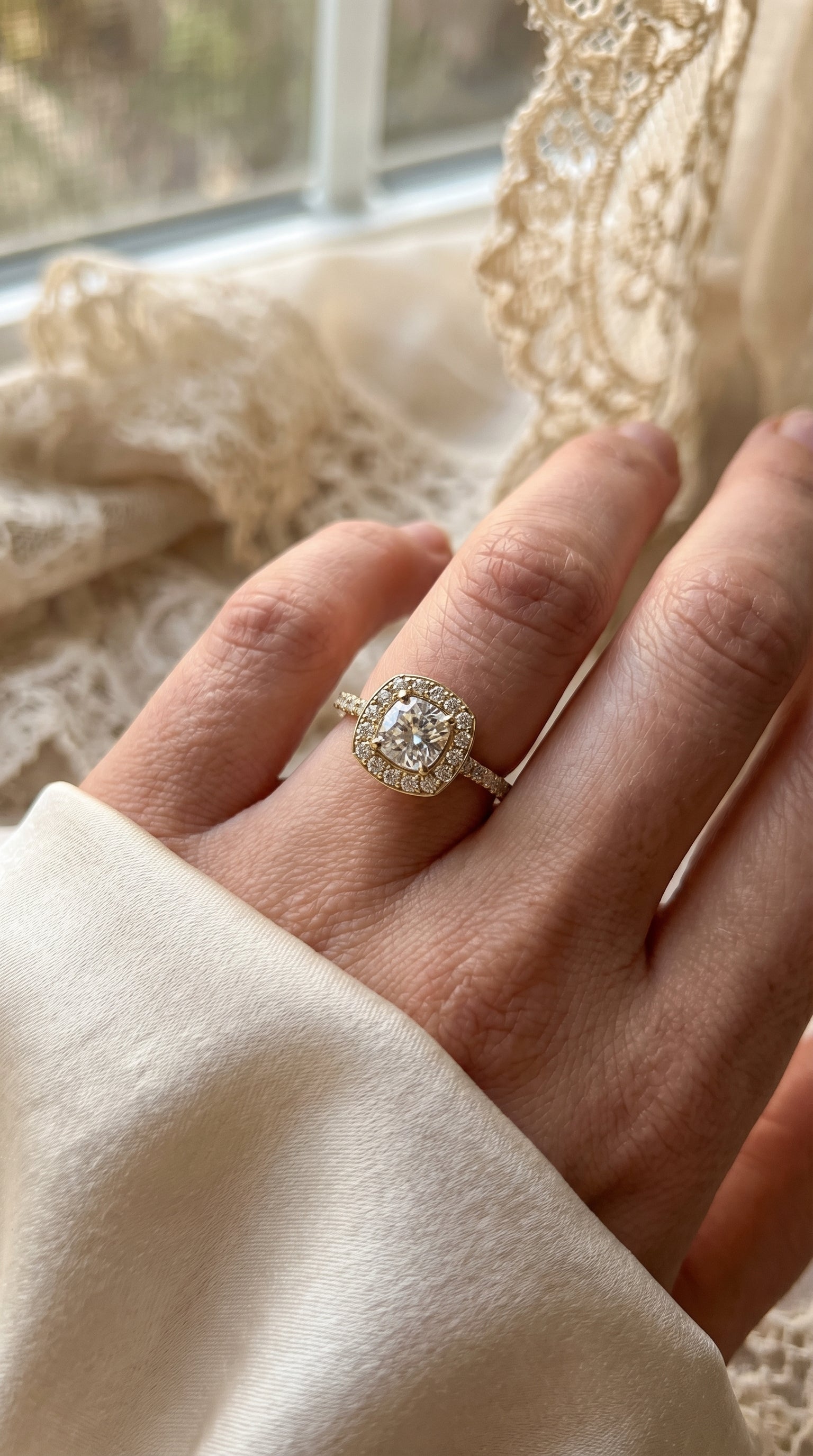 Elegant Cushion diamond Side Stone engagement ring
