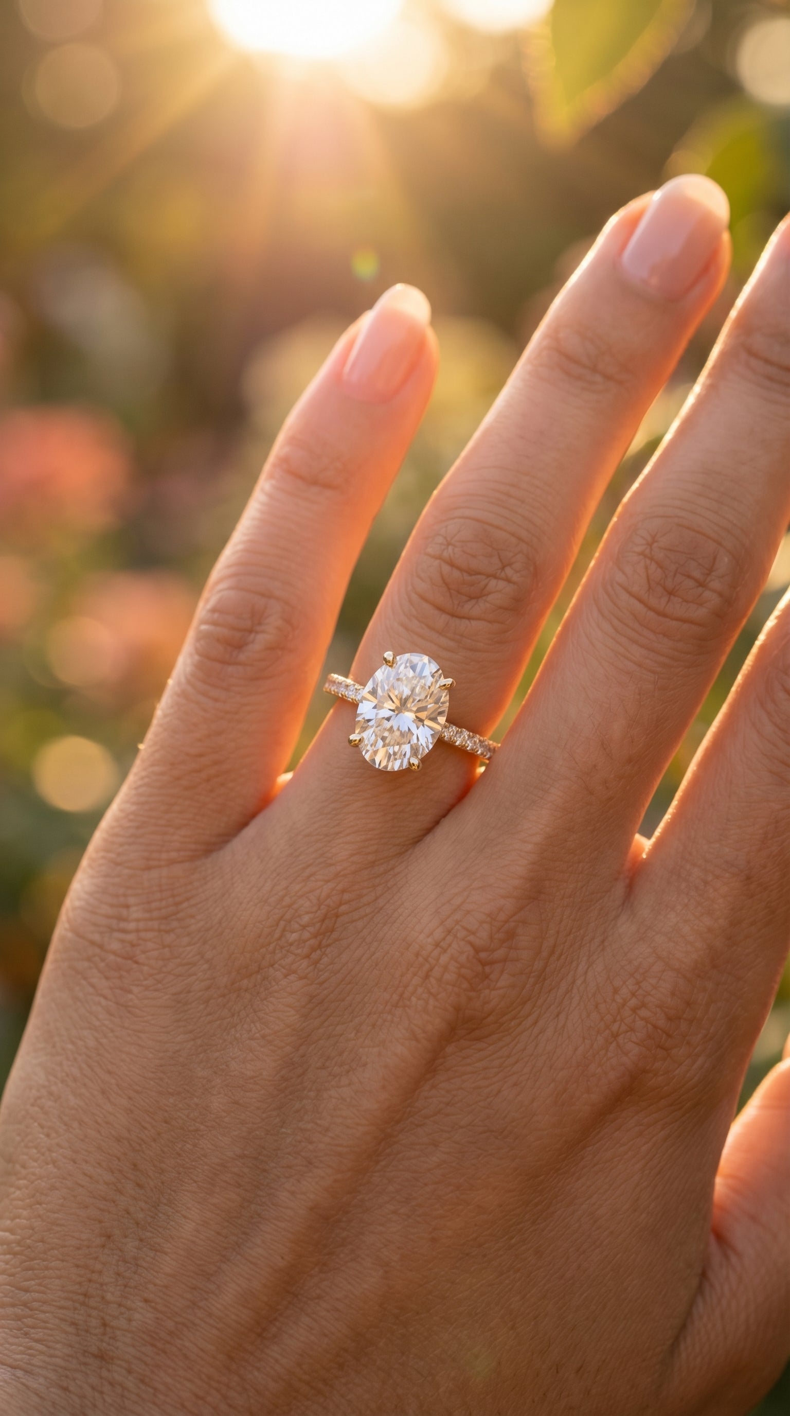 Oval Cut Diamond Side Stone Engagement Ring with Pavé Band