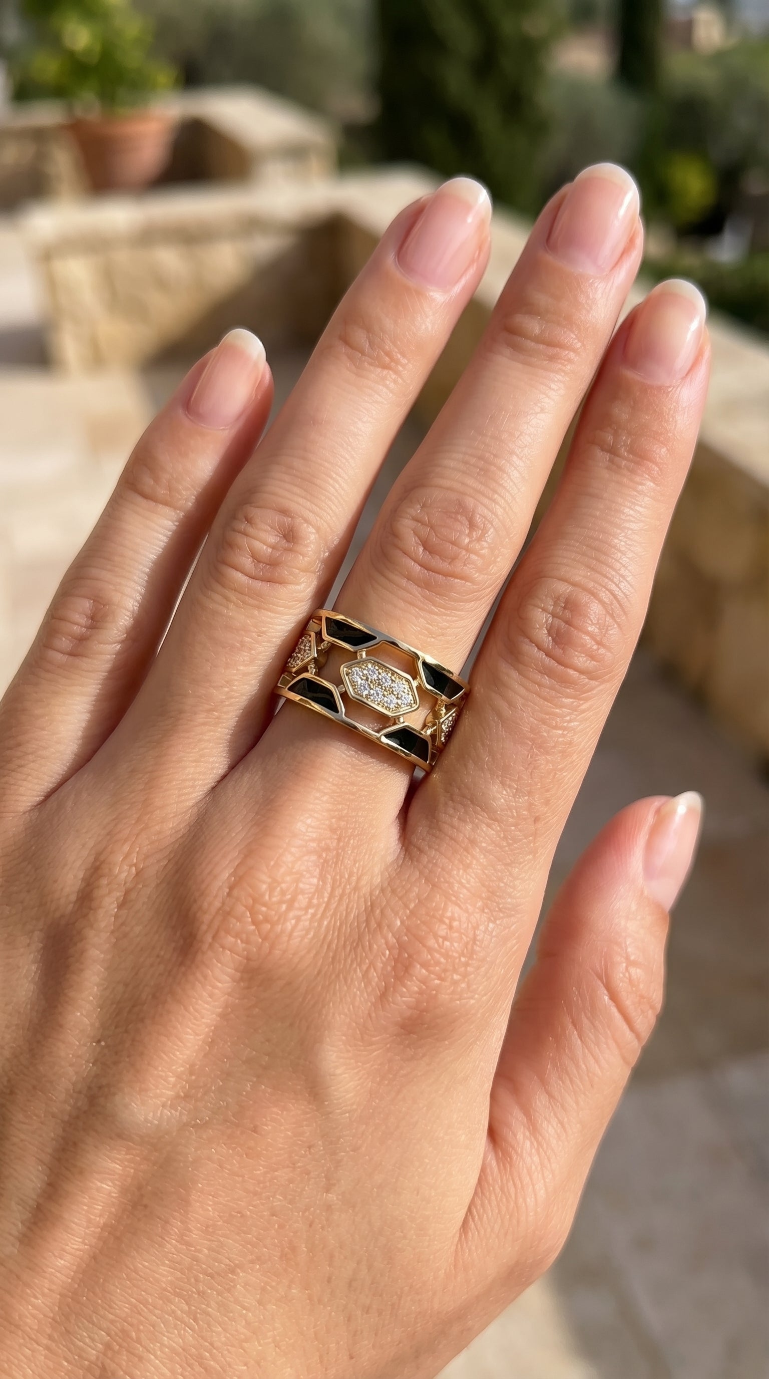 Geometric Cluster Design with Black Enamel Diamond Band