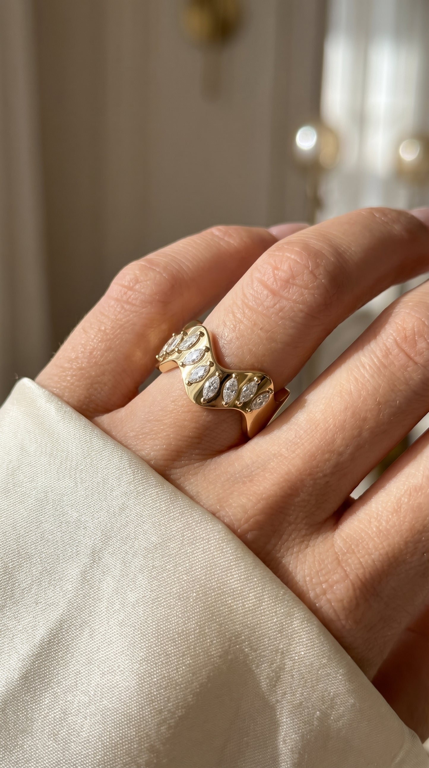 Curved Diamond Band with Marquise Cut Uniqe Statement Band