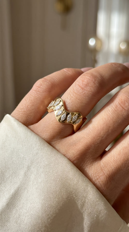 Curved Diamond Band with Marquise Cut Uniqe Statement Band