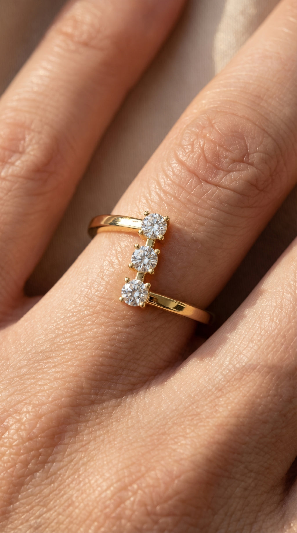 Modern Split Shank Three Stone Round Diamond Curved Ring