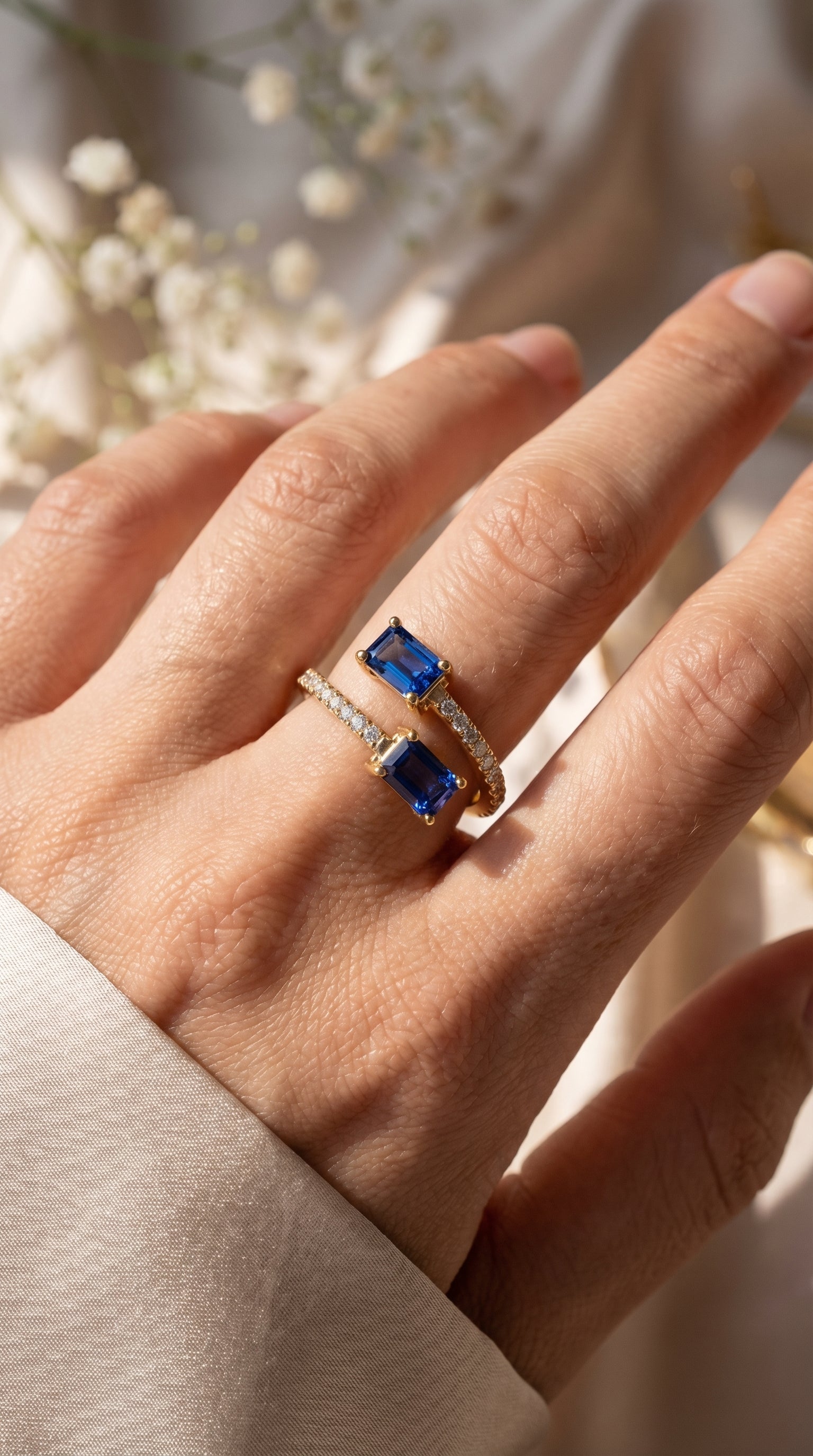 Emerald Cut Blue Sapphire Double Stone Pave Wrap Ring