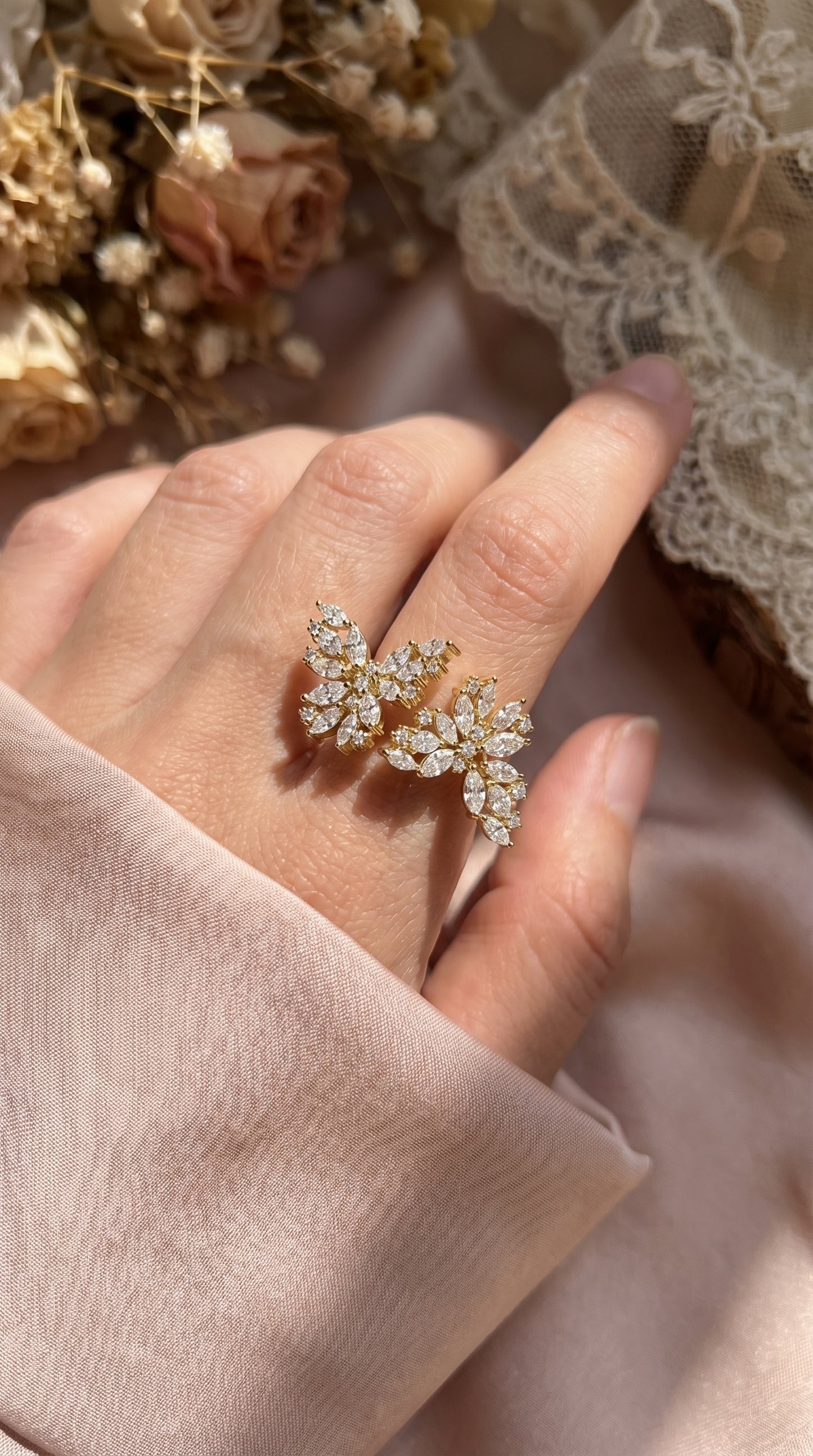 Double Floral Statement Cocktail Butterfly Style Fashion Ring