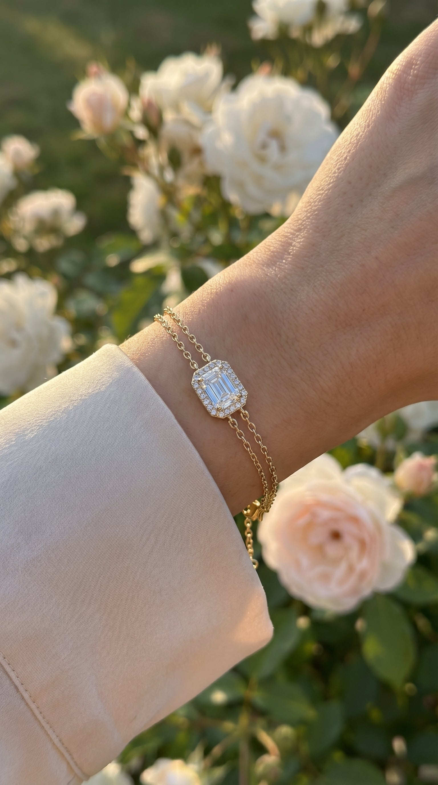 Diamond Bracelet Chain with Emerald Cut Halo Center – Double Chain Elegant Design