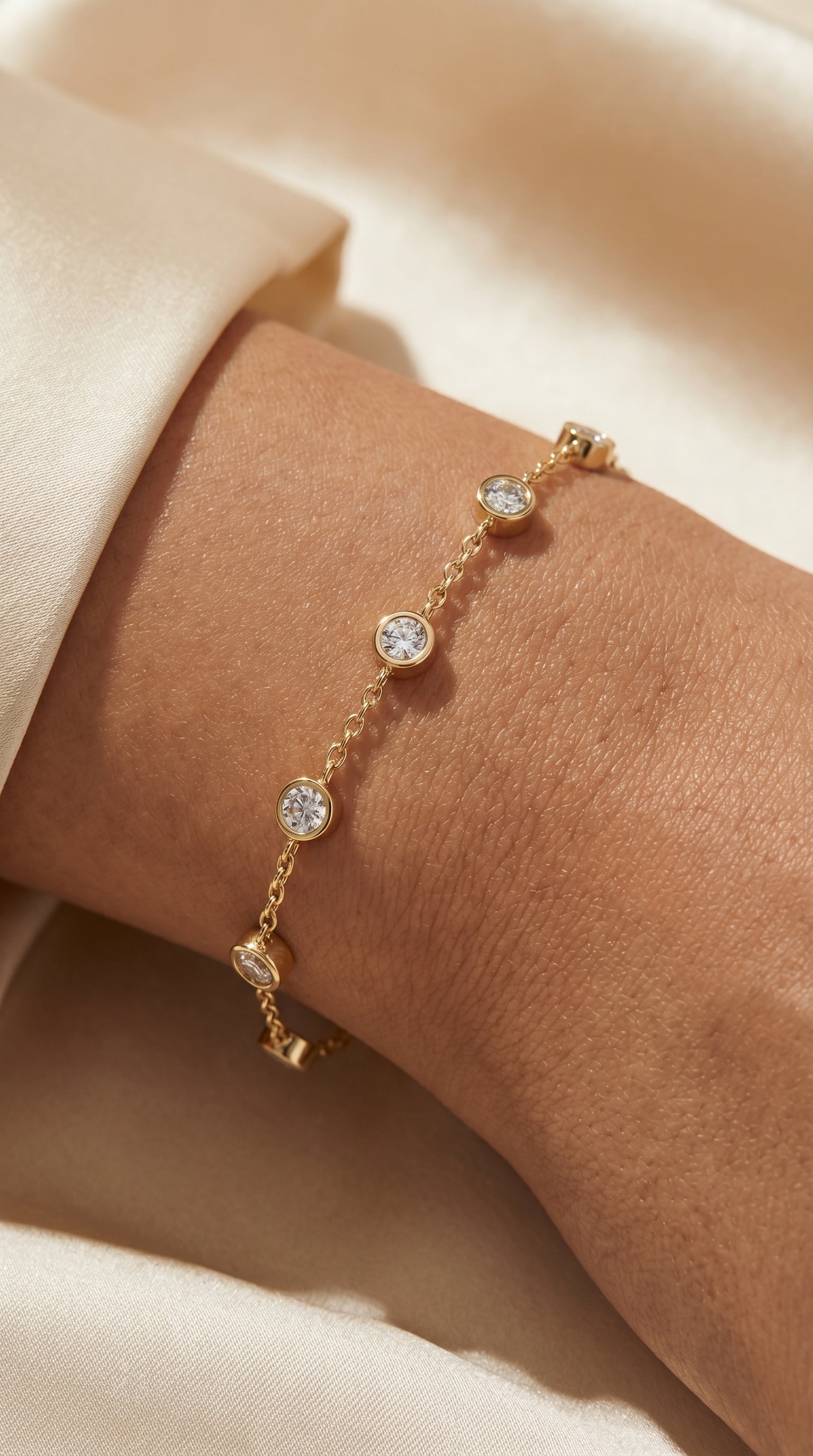 Diamond Station Bracelet – Bezel Set Round Diamonds Minimalist Chain Design
