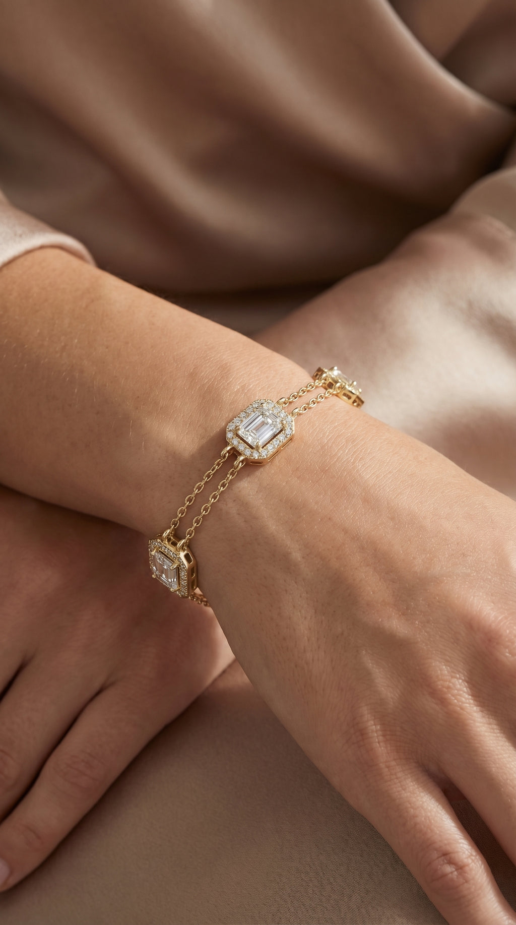 Emerald Cut Diamond Halo Double Chain Statement Design Bracelet