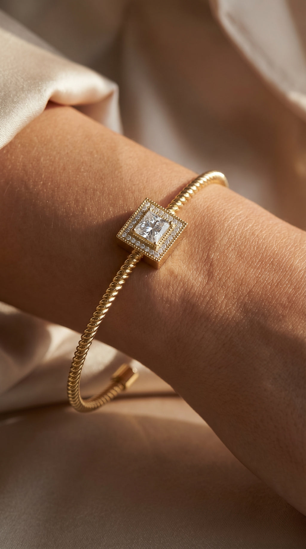 Luxury Cuff Bracelet with Square Halo Centerpiece – Princess Cut Diamond