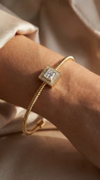 Luxury Cuff Bracelet with Square Halo Centerpiece – Princess Cut Diamond