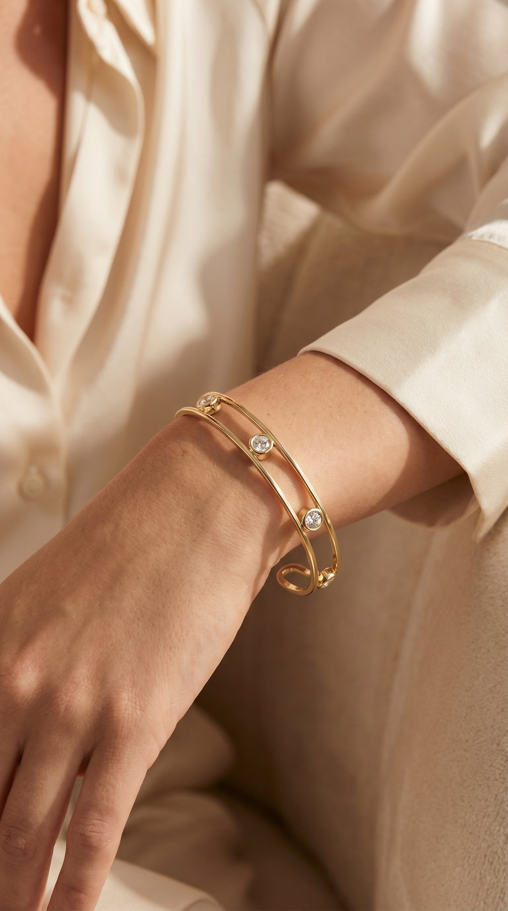 Minimalist Cuff Bracelet with Bezel Set Round Diamonds