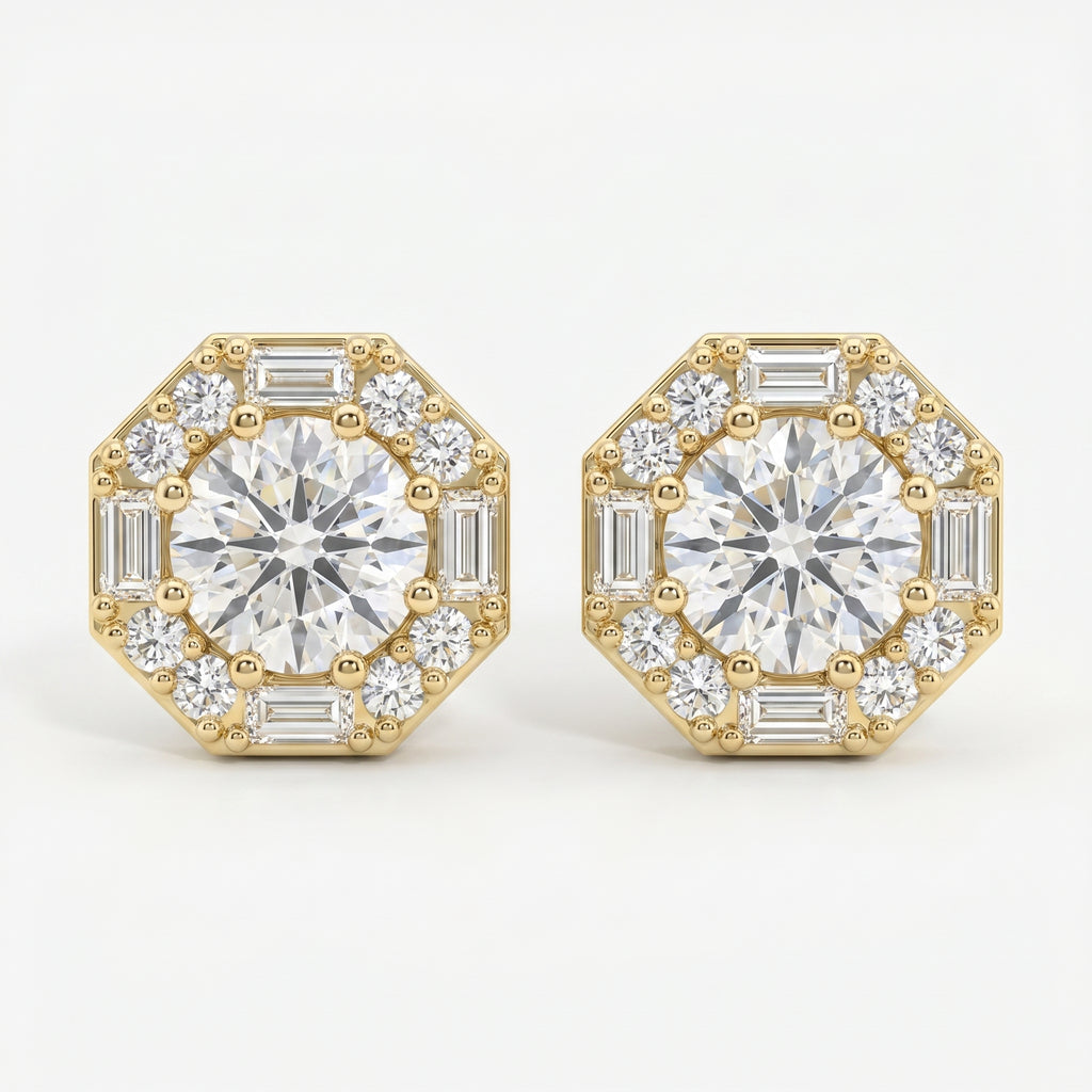 Octagon Halo Diamond Stud Earring