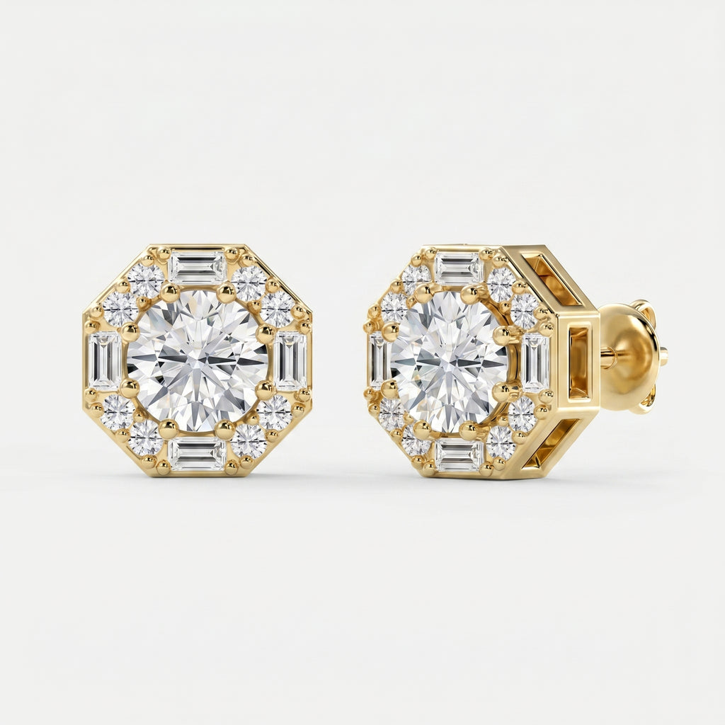 Octagon Halo Diamond Stud Earring