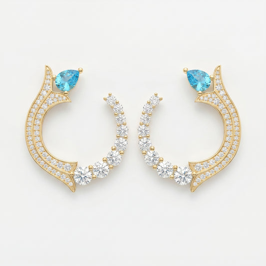 luxurious Pear Cut Blue Gemstone & Round Diamond Fashion Earrings