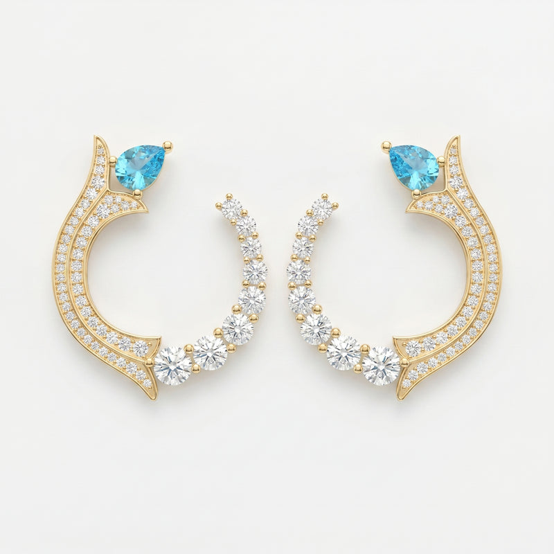 luxurious Pear Cut Blue Gemstone & Round Diamond Fashion Earrings