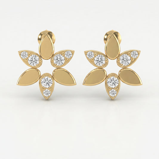 Elegant Leaf Petal Round Diamond Floral Cluster Design Earrings