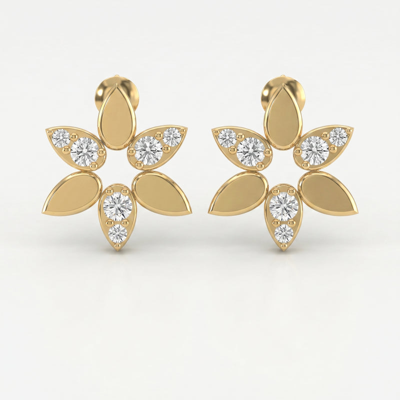 Elegant Leaf Petal Round Diamond Floral Cluster Design Earrings