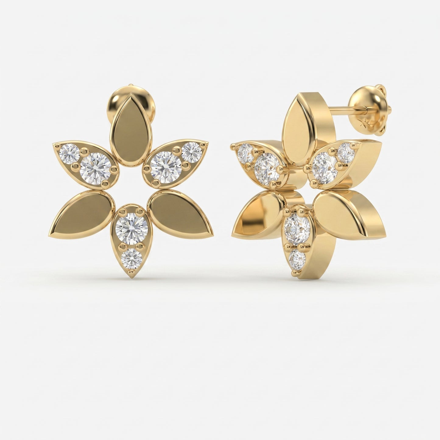 Elegant Leaf Petal Round Diamond Floral Cluster Design Earrings