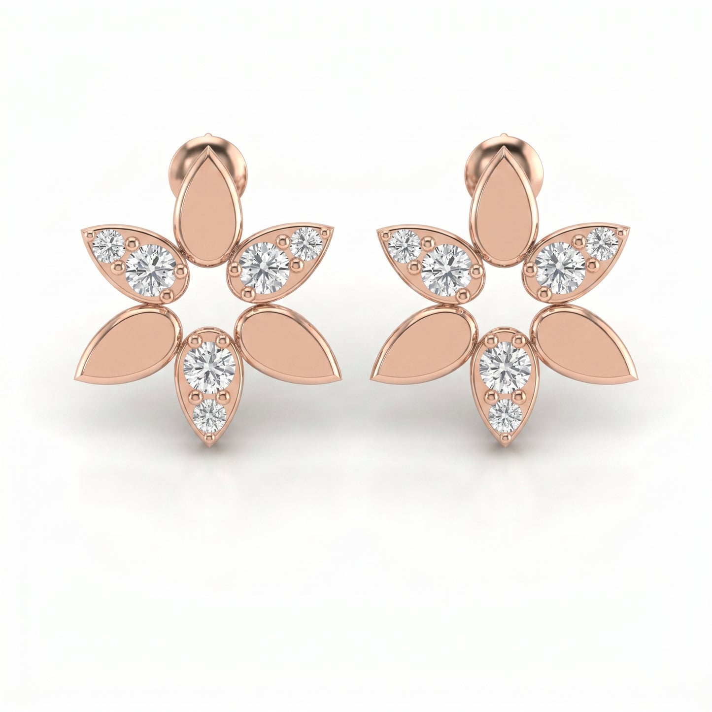 Elegant Leaf Petal Round Diamond Floral Cluster Design Earrings