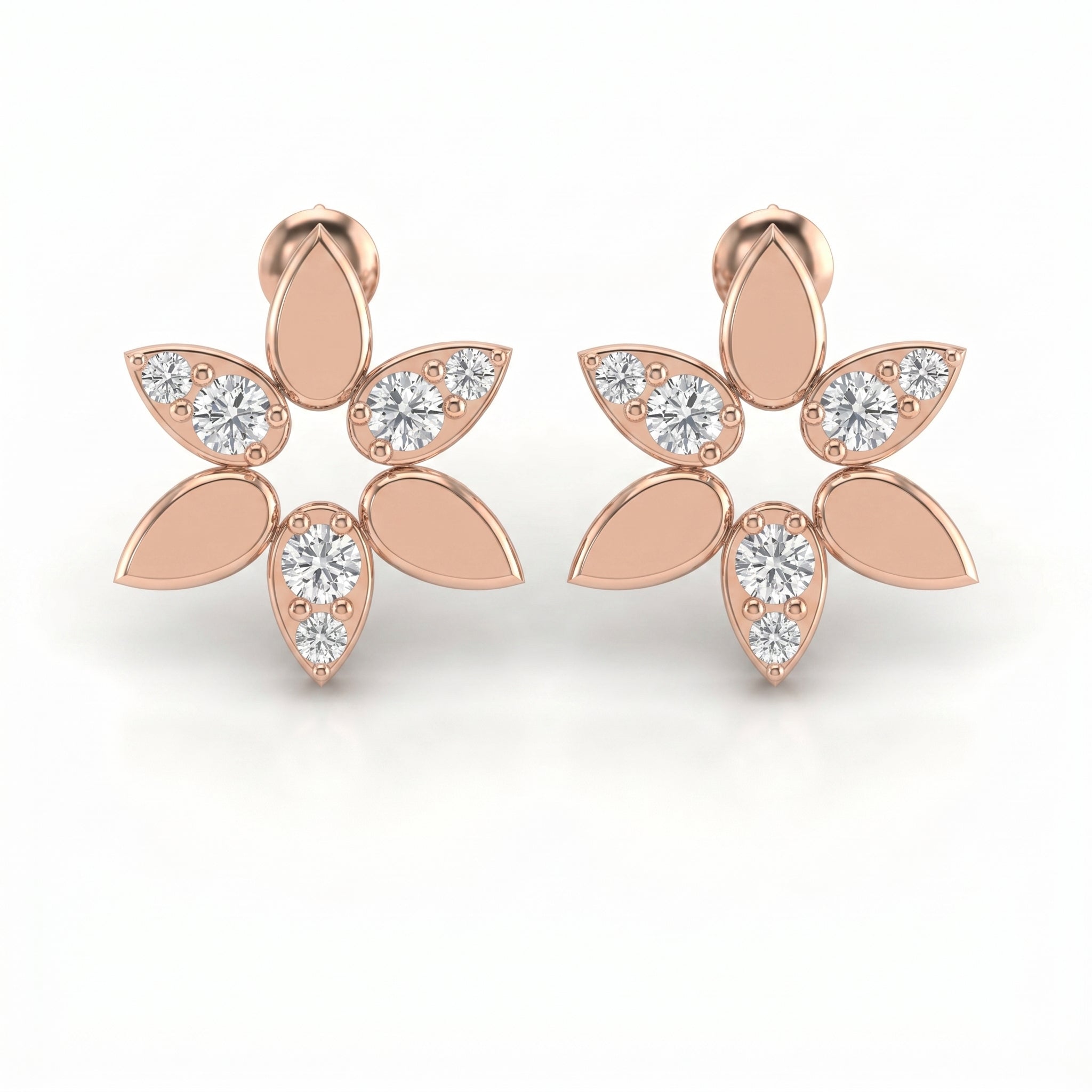 Elegant Leaf Petal Round Diamond Floral Cluster Design Earrings