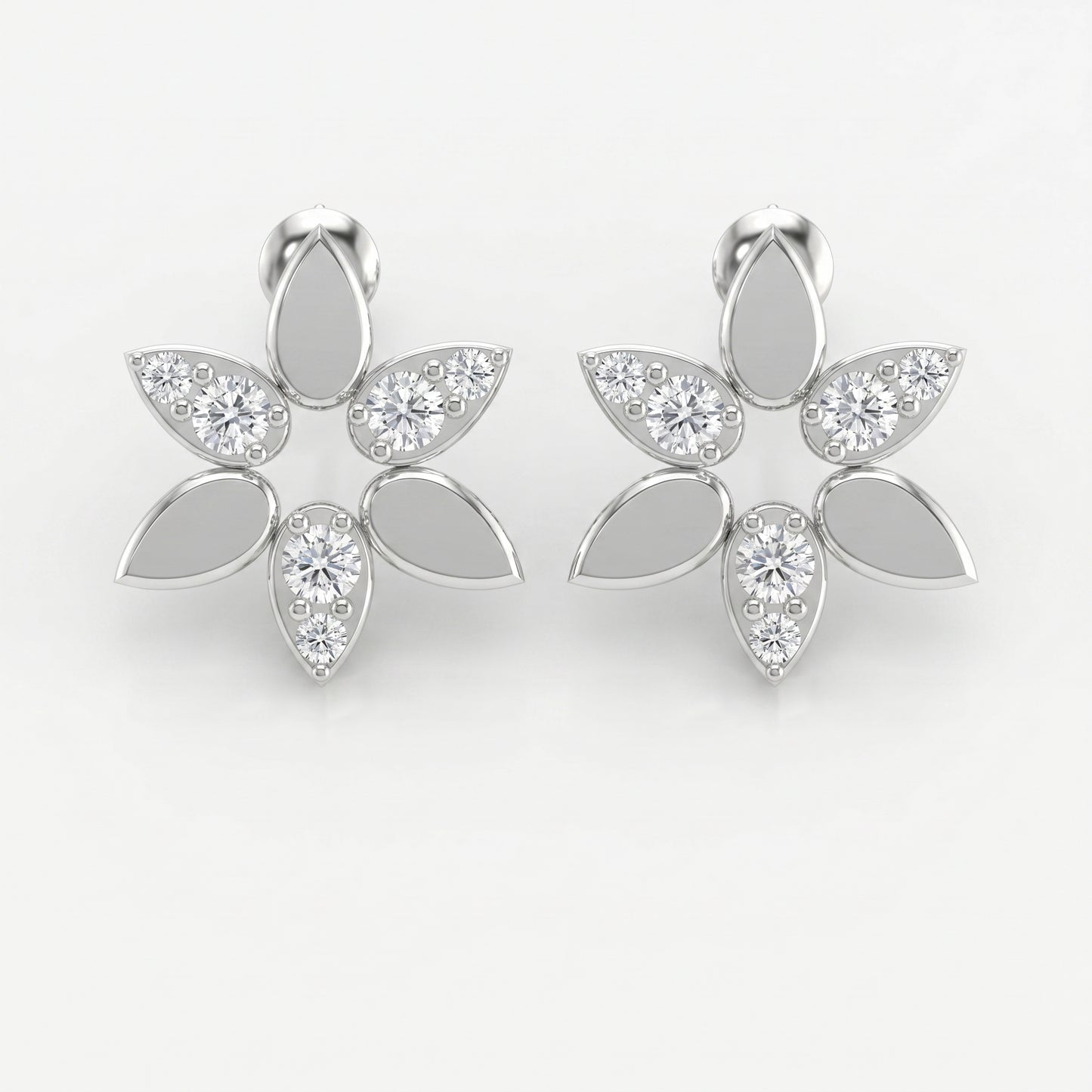 Elegant Leaf Petal Round Diamond Floral Cluster Design Earrings