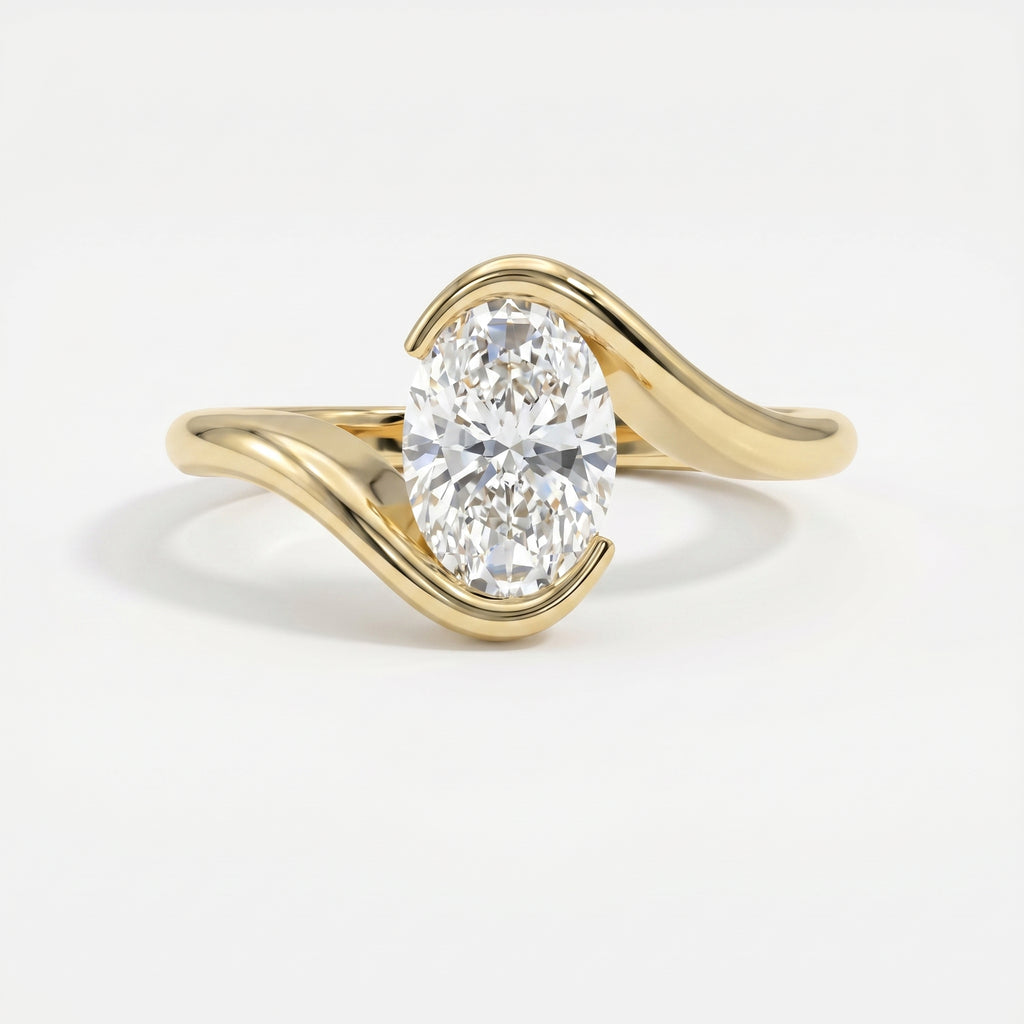 Modern Twist Bypass Design Oval Diamond Solitaire Ring
