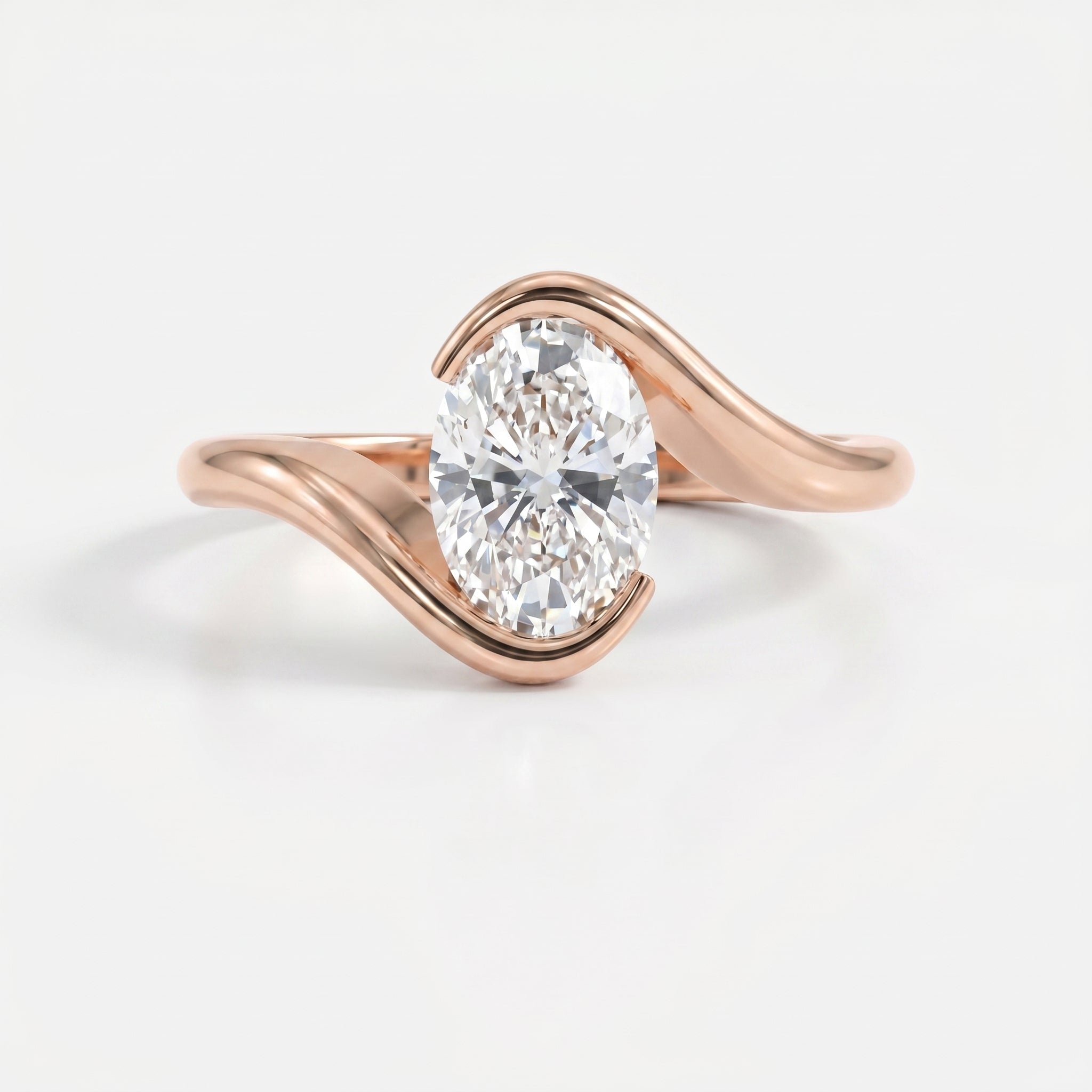 Modern Twist Bypass Design Oval Diamond Solitaire Ring