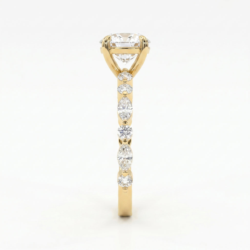 Elegant Round Prong Set Diamond Ring with Marquise Accents Side Stone Engagement Ring