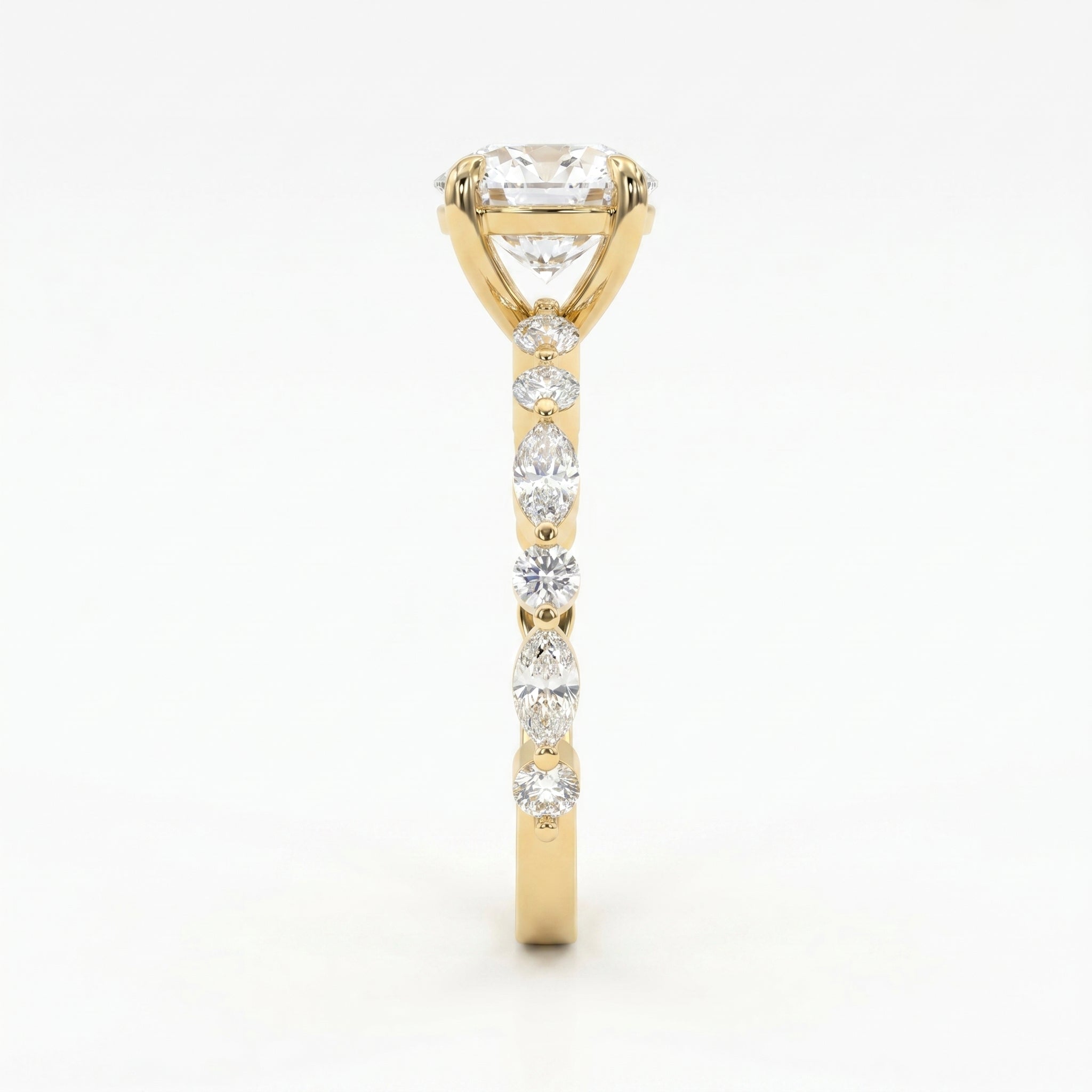 Elegant Round Prong Set Diamond Ring with Marquise Accents Side Stone Engagement Ring