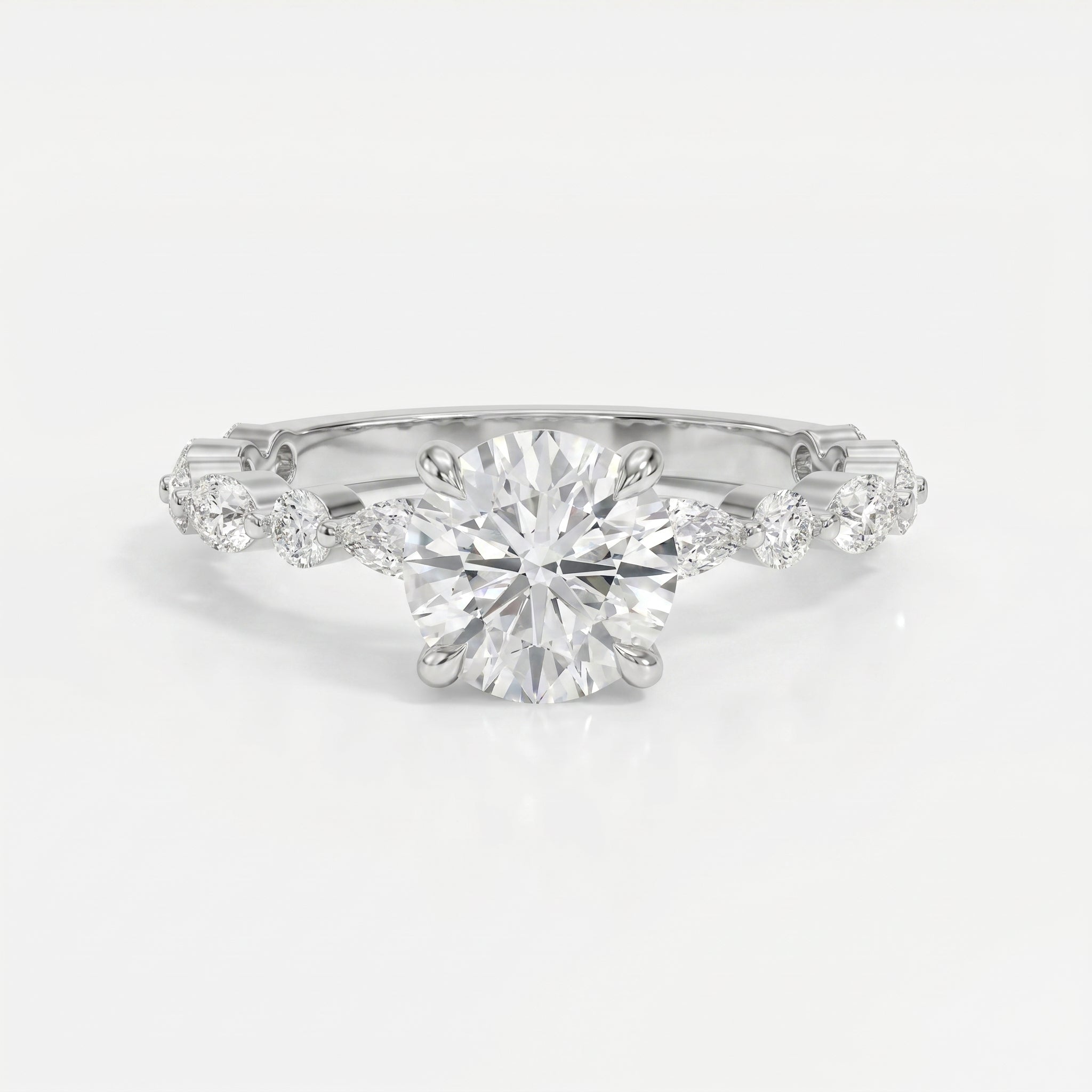 Elegant Round Prong Set Diamond Ring with Marquise Accents Side Stone Engagement Ring