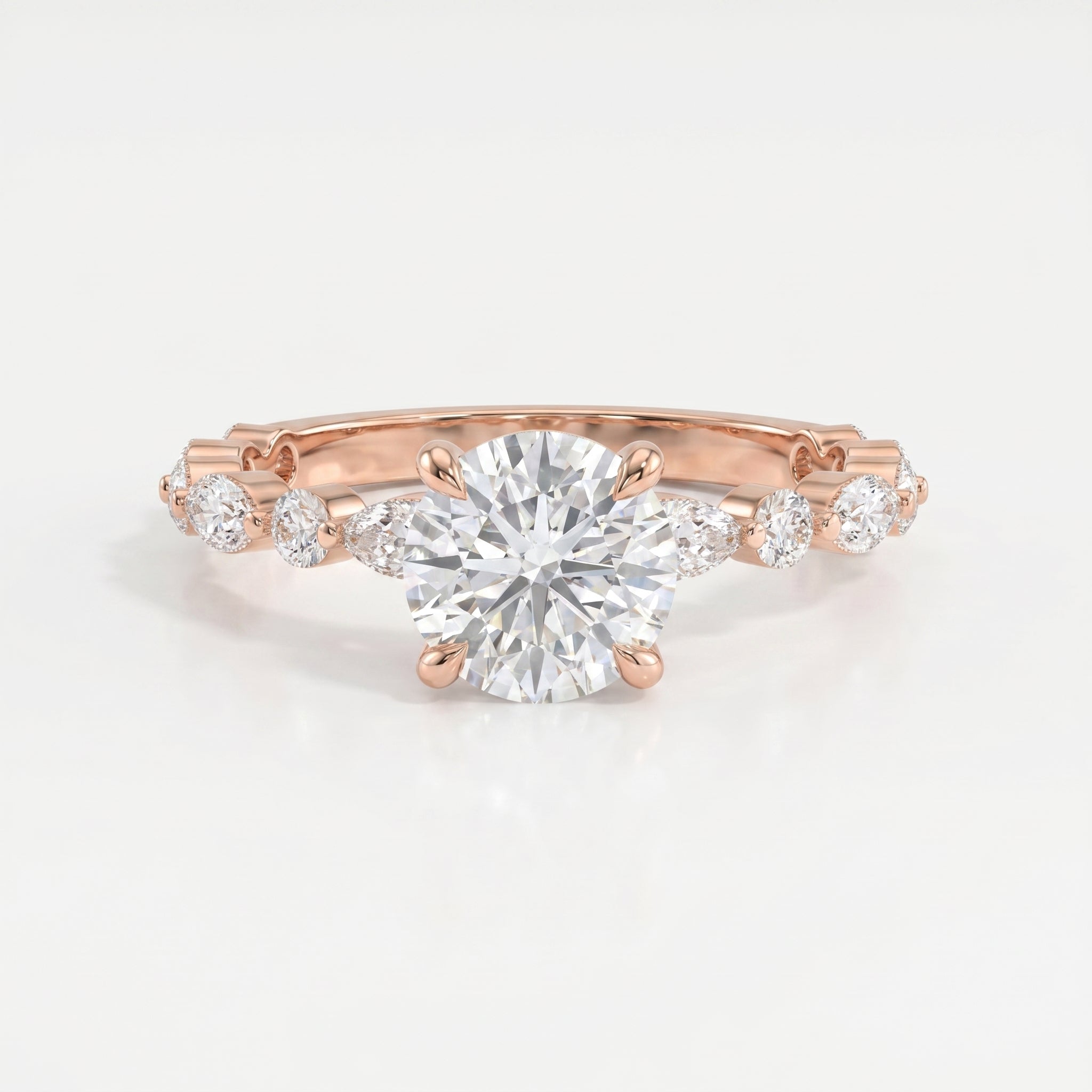 Elegant Round Prong Set Diamond Ring with Marquise Accents Side Stone Engagement Ring