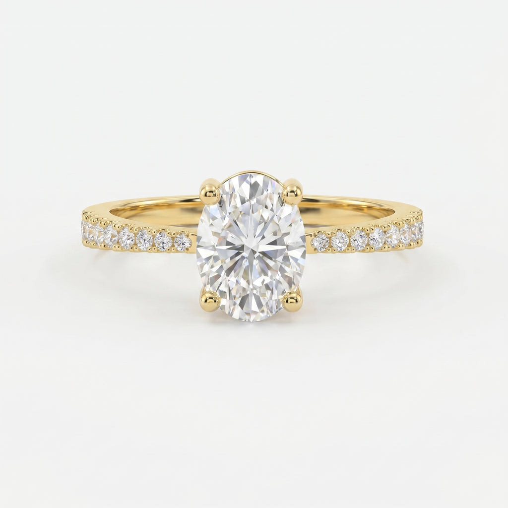 Oval Cut Diamond Side Stone Engagement Ring with Pavé Band