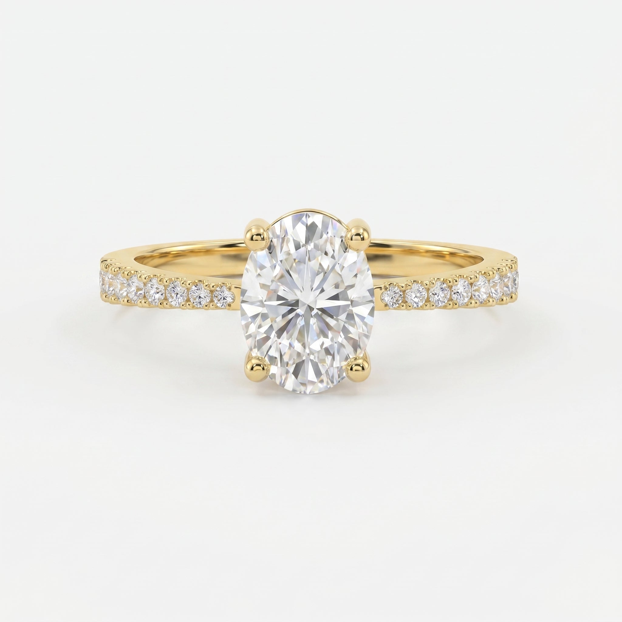 Oval Cut Diamond Side Stone Engagement Ring with Pavé Band