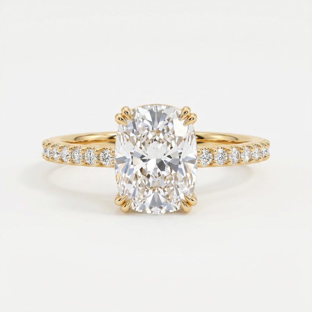 Cushion Cut Diamond  Pave Side Stone Engagement  Ring