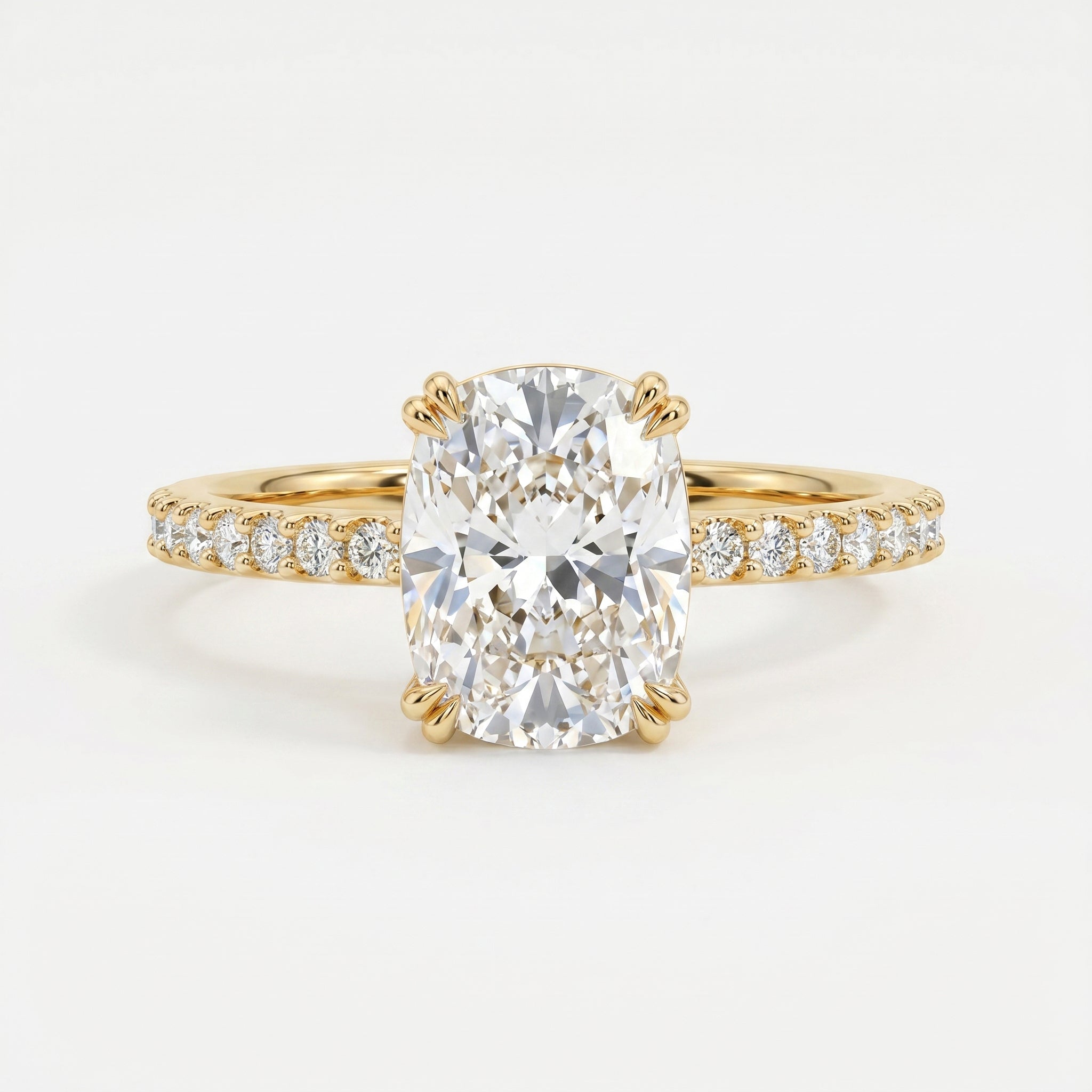 Cushion Cut Diamond  Pave Side Stone Engagement  Ring
