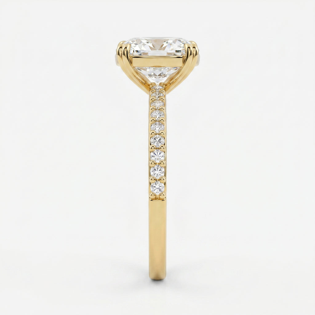 Cushion Cut Diamond  Pave Side Stone Engagement  Ring