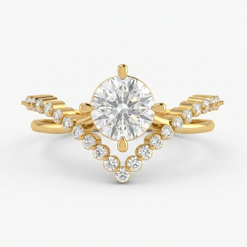 Round Cut Diamond Split Shank Chevron Pave Side Stone Engagement Ring
