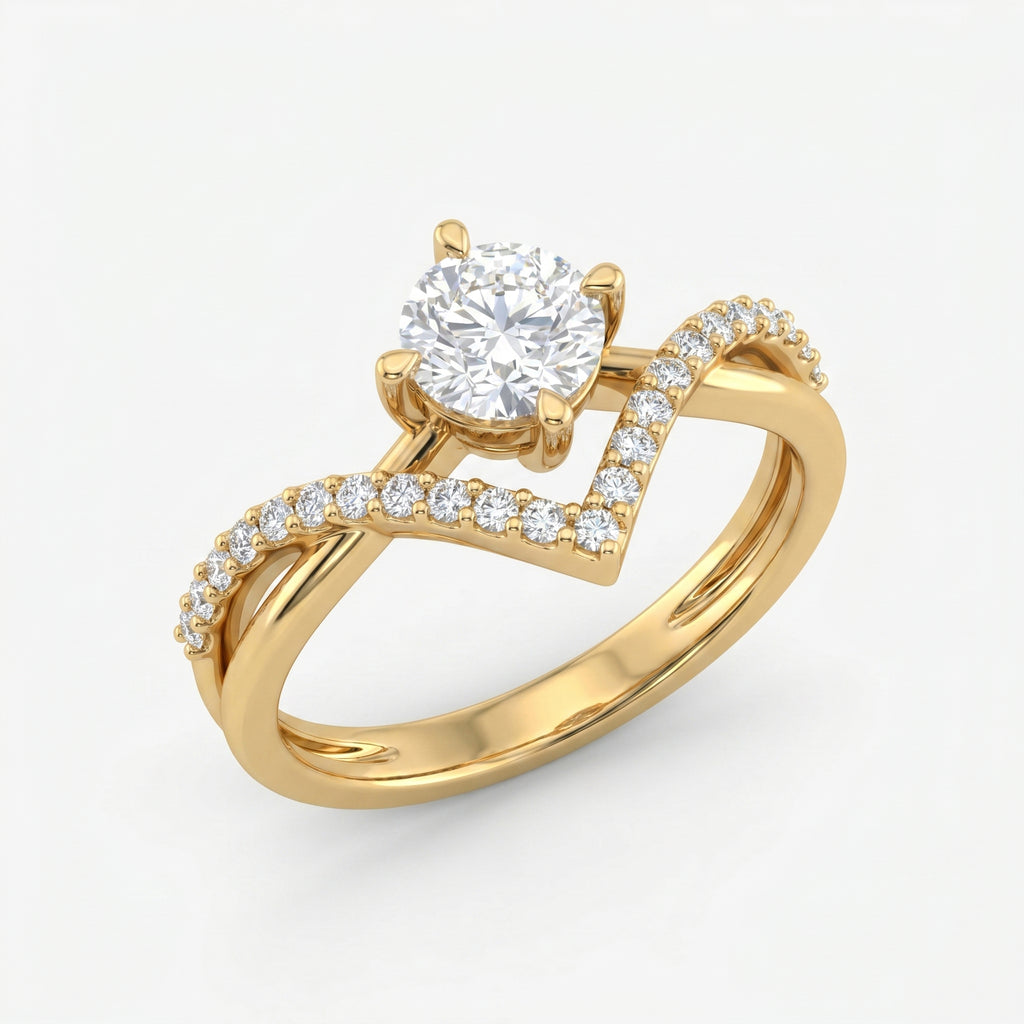 Round Cut Diamond Split Shank Chevron Pave Side Stone Engagement Ring