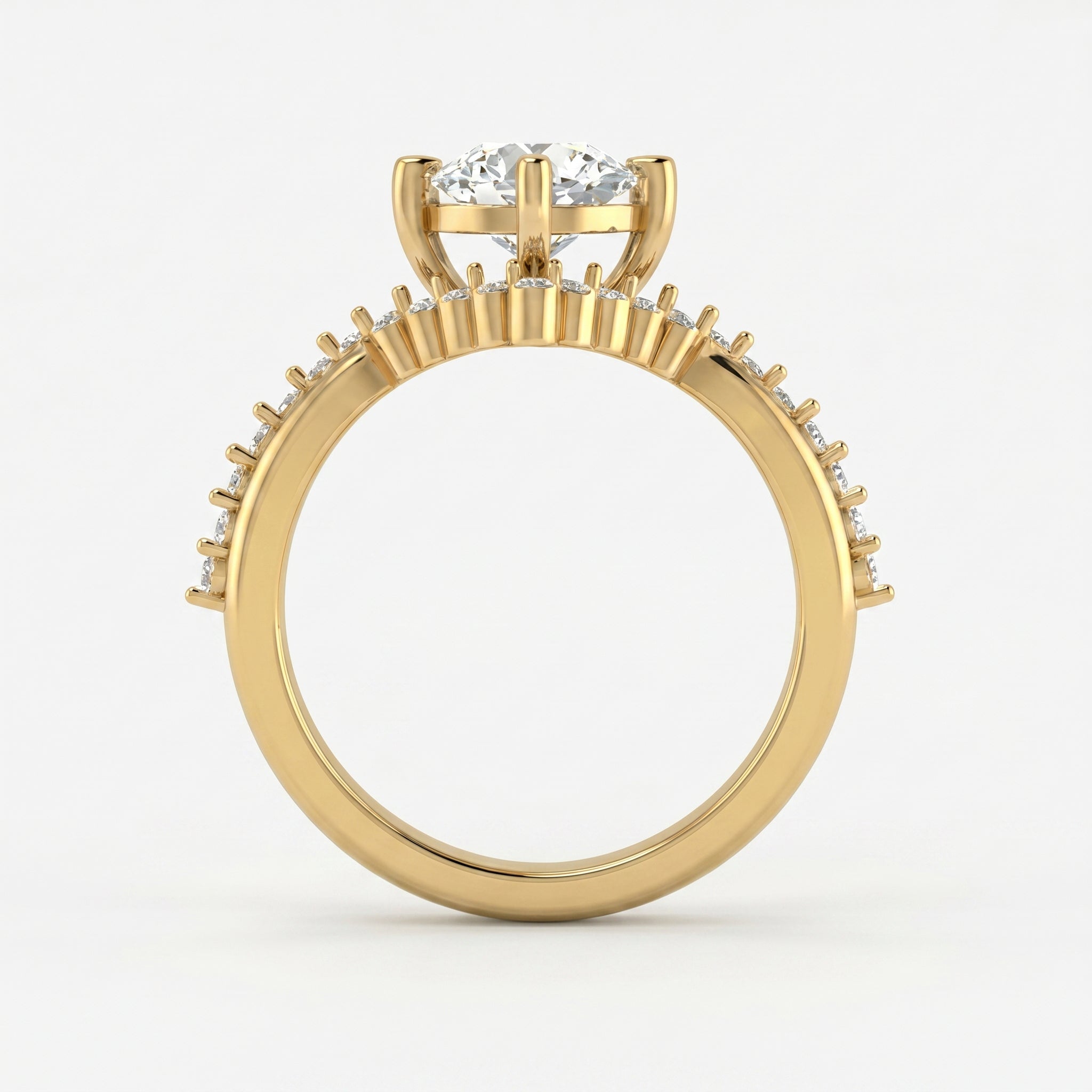 Round Cut Diamond Split Shank Chevron Pave Side Stone Engagement Ring
